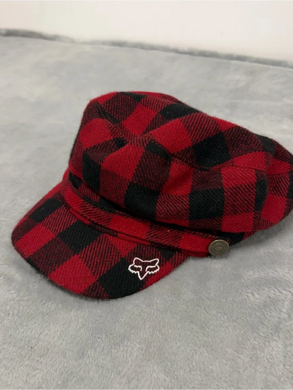 Y2K Fox Racing Buffalo Plaid Cadet Hat Cap Red Black Wool Blend L/XL